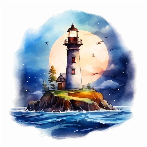 A painting of fairy tale lighthouse with a full moon in the background