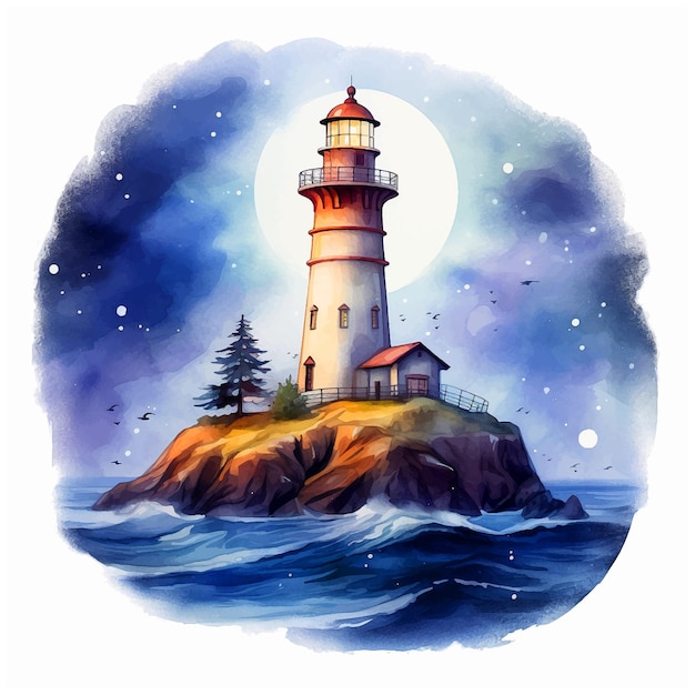 A painting of fairy tale lighthouse with a full moon in the background