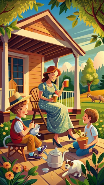 a painting of a family on the porch of a house