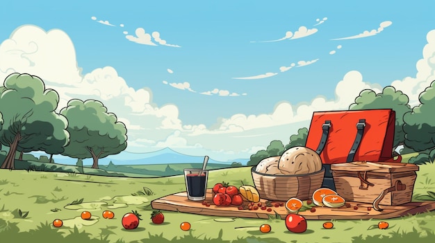 Vector a painting of a farm with a basket of fruit and a picnic basket full of fruit