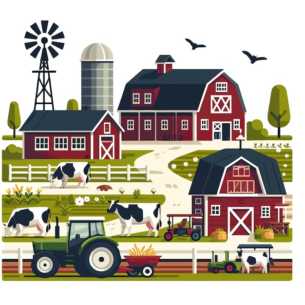 a painting of a farm with a cow and a barn in the background
