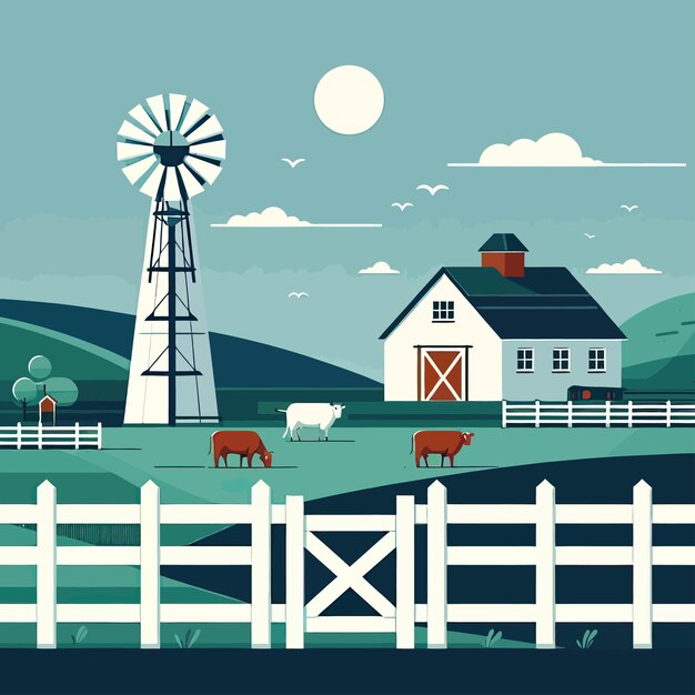 a painting of a farm with cows and a windmill