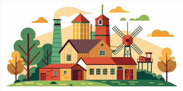 Vector a painting of a farm with a windmill and a windmill
