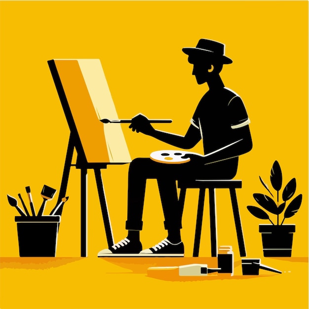 Vector painting flat illustration with someone who paints using easel canvas brushes and watercolor