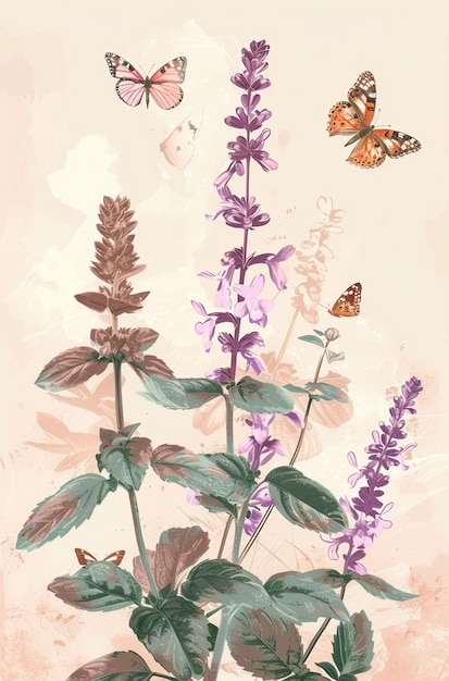 A painting of flowers and butterflies on a pink background