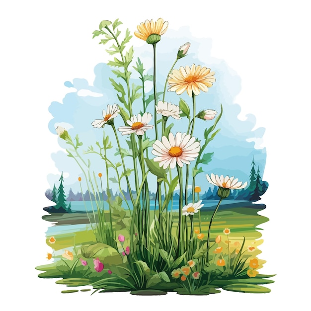 A painting of flowers and grass with the words " daisy " on it.