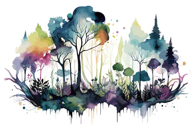 Un dipinto di una foresta con uno sfondo colorato.