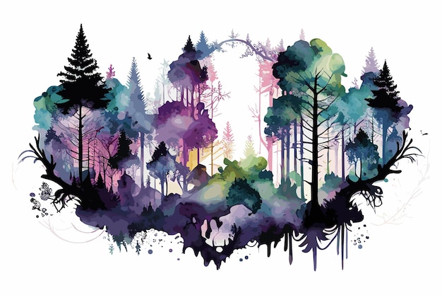 A painting of a forest with a forest in the background.