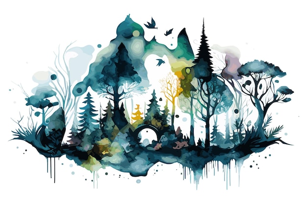 A painting of a forest with a forest scene and birds.