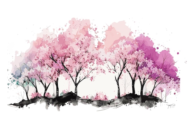 A painting of a forest with pink and purple trees.