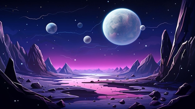 Vector a painting of a frozen lake with icebergs and a purple moon