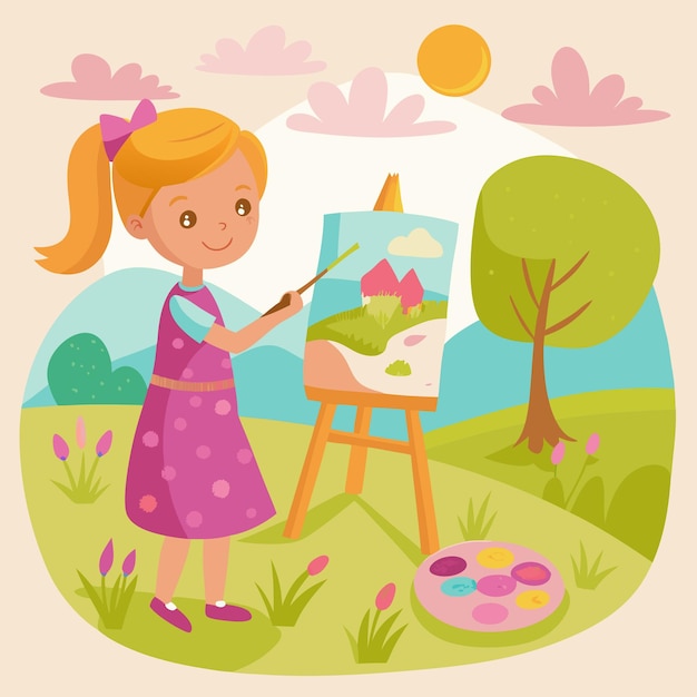 a painting of a girl painting a picture of a girl in a pink dress