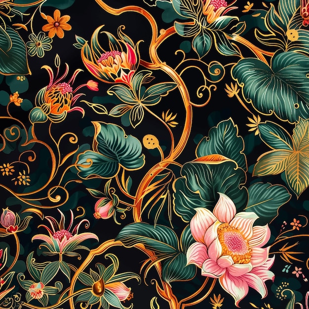 Painting of gold floral wallpaper pattern with flowers