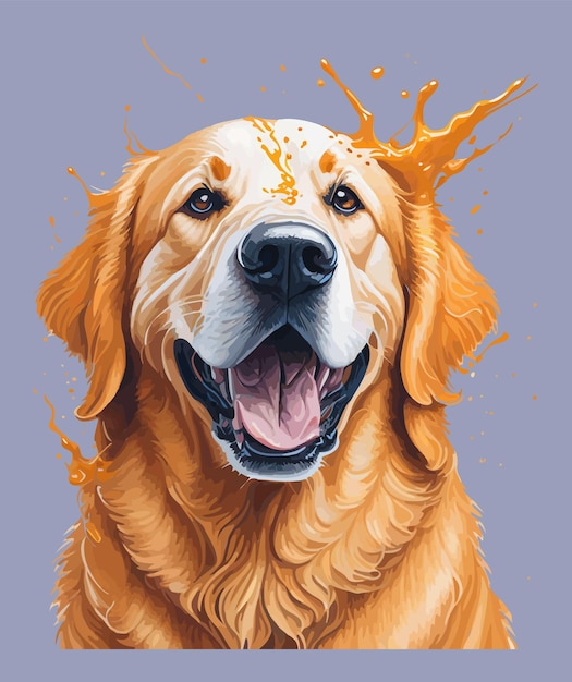 A painting of a golden retriever dog with orange paint splashes around his mouth.