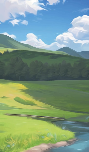 Vector a painting of a green valley with a mountain in the background