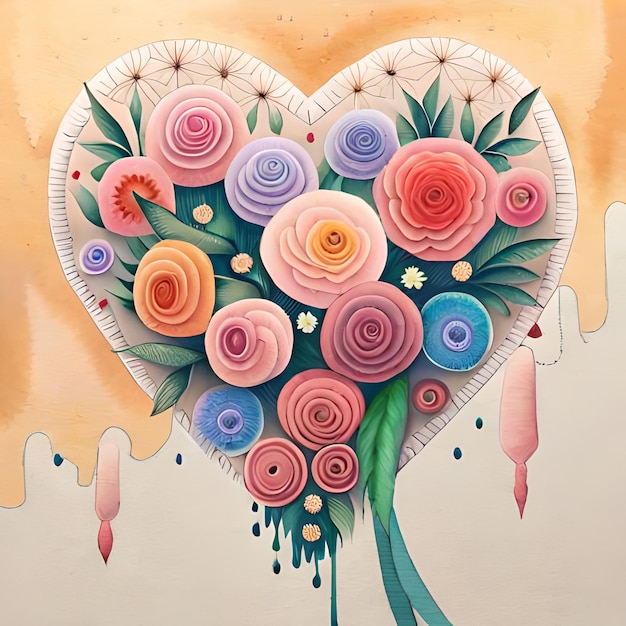 Un dipinto di un cuore con dentro un mazzo di fiori.