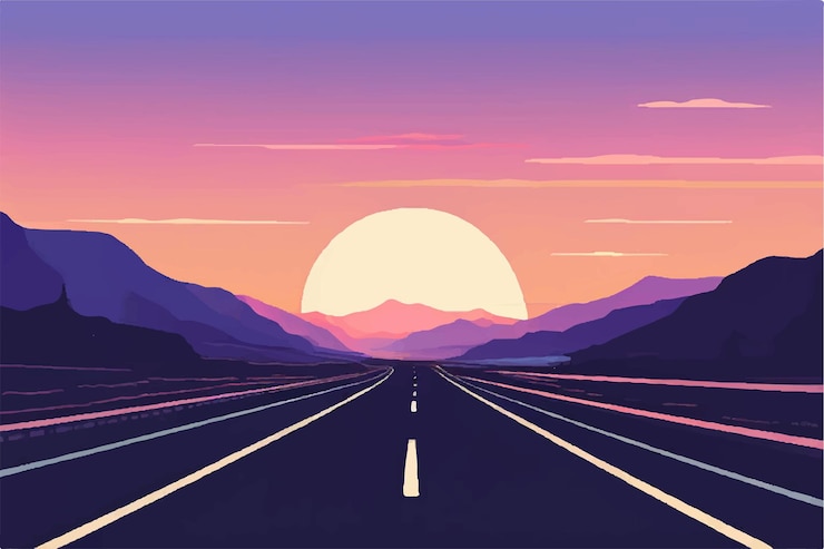 Vector a painting of a highway with a purple sunset in the background