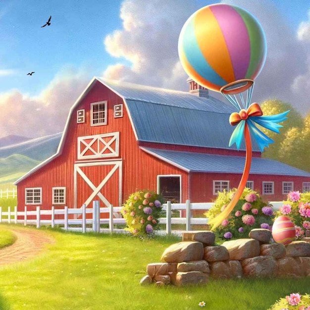 a painting of a hot air balloon in front of a red barn