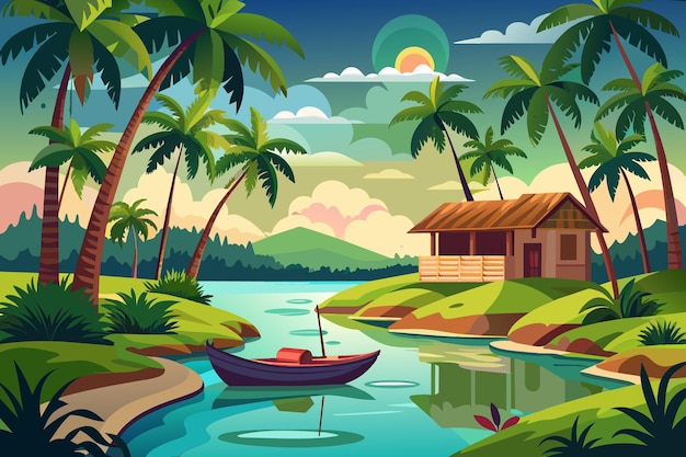 물 위 에 있는 집 과 배 의 그림