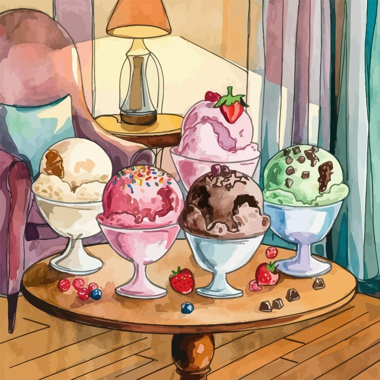 Vector a painting of ice creams and a table with a lamp on it