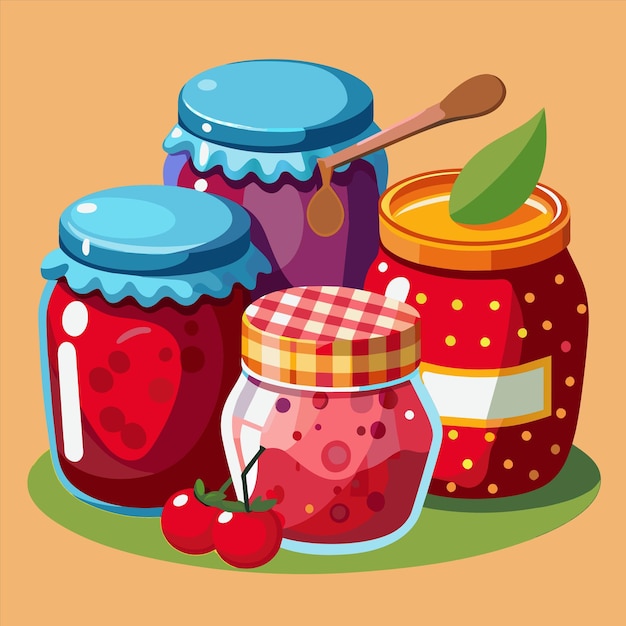 a painting of jars with berries and a strawberry on the bottom