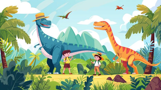 Vettore un dipinto di bambini che giocano in una giungla con i dinosauri