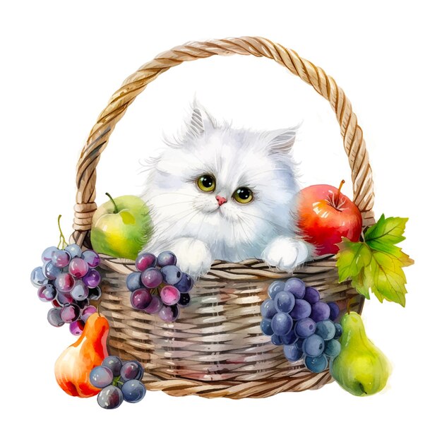 Painting of a kitty inside a basket of fruit