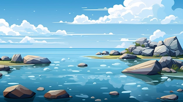 Vettore un dipinto di un lago con rocce e alberi sullo sfondo