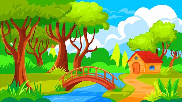 a painting of a landscape with a bridge and trees
