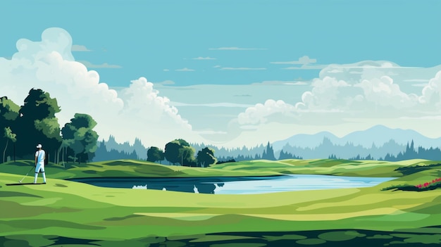 Vettore un dipinto di un paesaggio con un fiume e montagne sullo sfondo