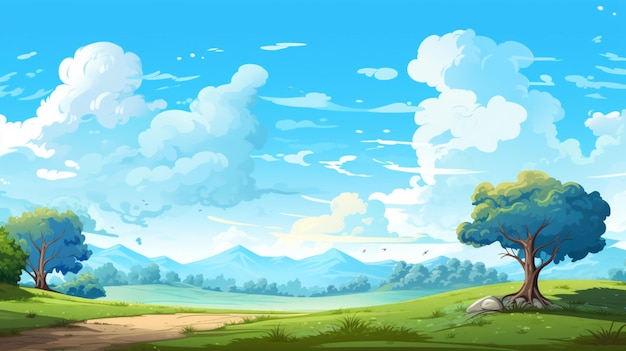 Vector a painting of a landscape with a tree and a field with a mountain in the background