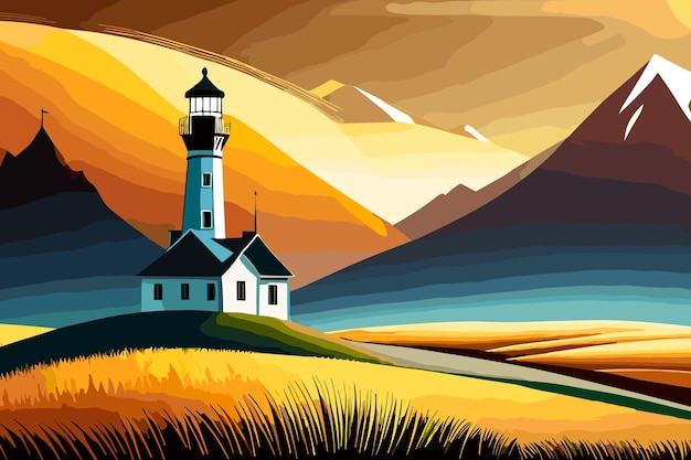 A painting of a lighthouse in a mountain landscape