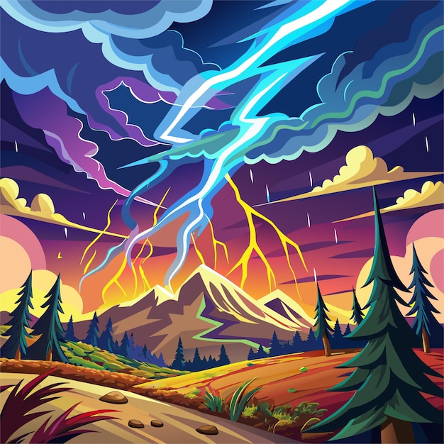 Vector a painting of lightning bolt and a sunset with a storm cloud