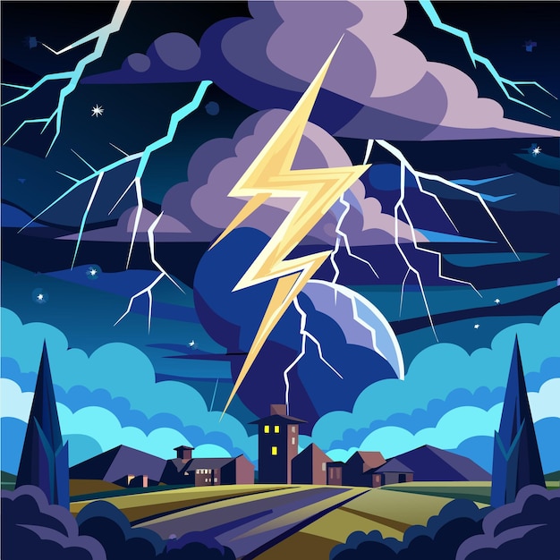 a painting of lightning bolt and a sunset with a storm cloud