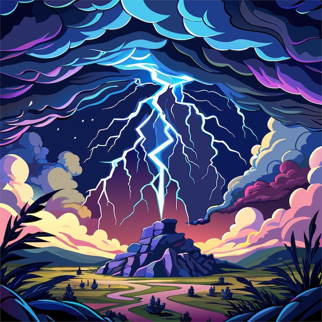 Vector a painting of lightning bolt and a sunset with a storm cloud