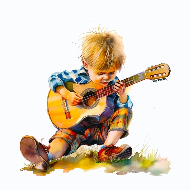 Vector painting of a little boy playing the guitar