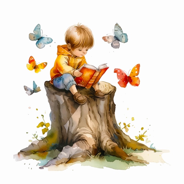 Painting of a little boy reading a book surrounded by butterflies