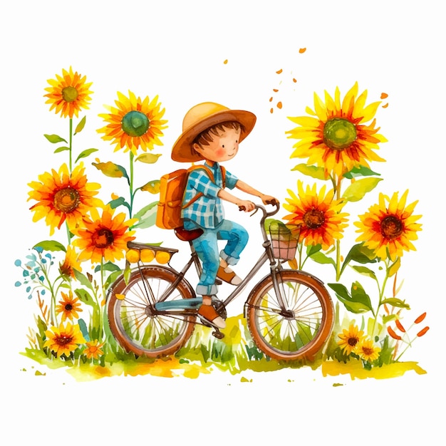 Pittura di un ragazzino in bicicletta attraverso il parco dei girasoli