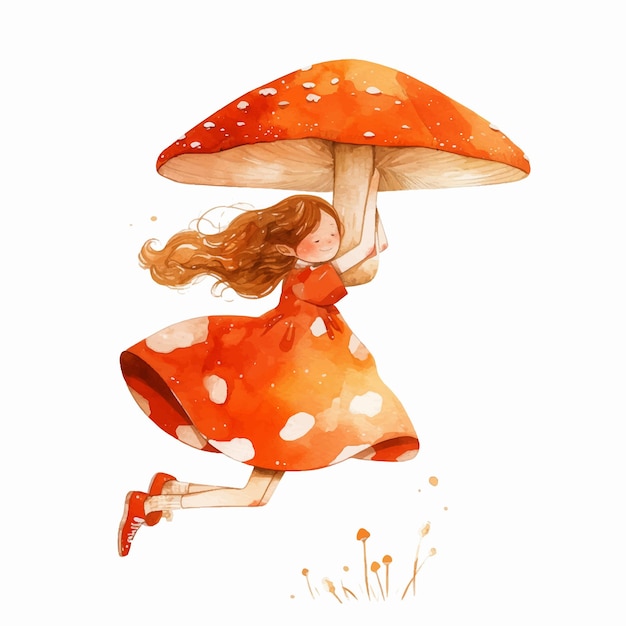 Painting of a little girl flying with mushroom