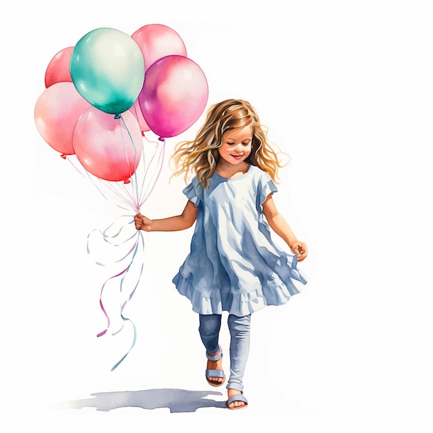 A painting of a little girl holding a bunch of balloons