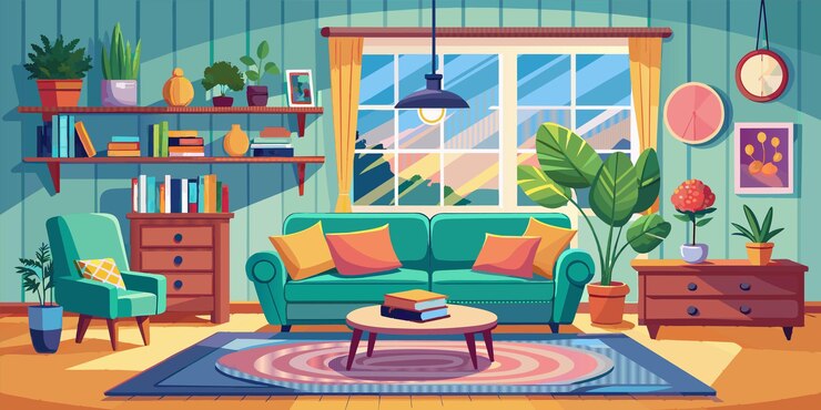 Vector ソファとコーヒーテーブルを備えたリビングの絵画