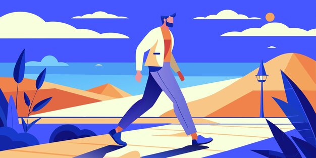 Vector a painting of a man walking on a beach with mountains in the background