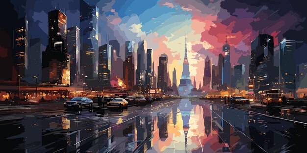 Vector painting of modern urban city at night illustration