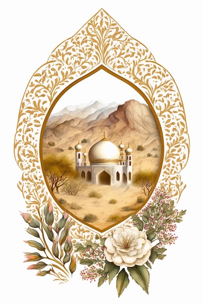 Vector a painting of a mosque in a desert with flowers.