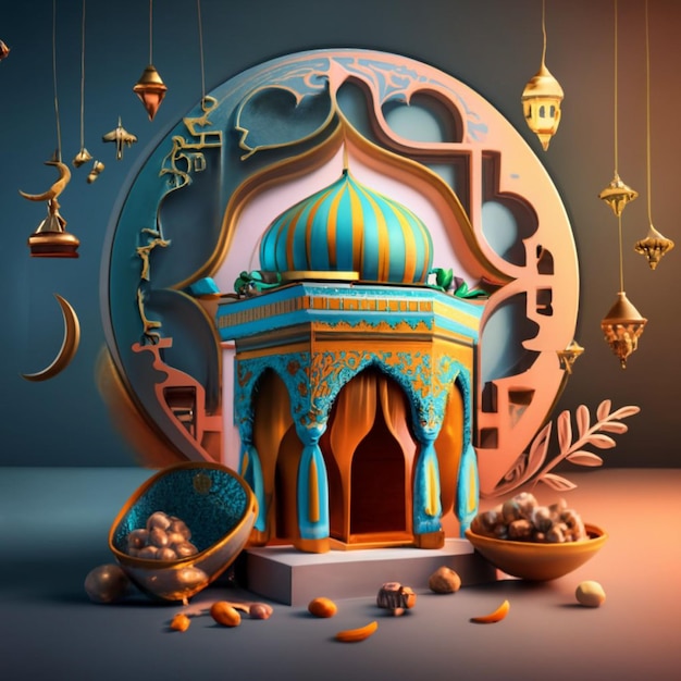 Un dipinto di una moschea con uno sfondo blu con un grande oggetto rotondo al centro