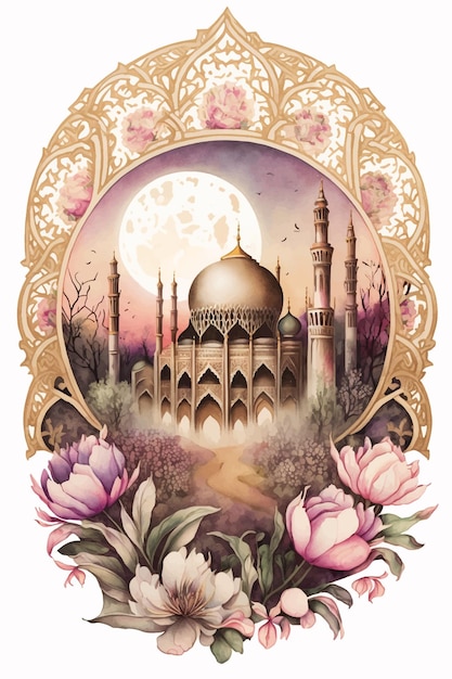 Vector a painting of a mosque with flowers and a moon