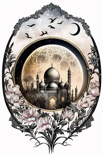 A painting of a mosque with a moon and birds on it.