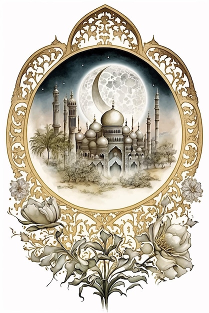 A painting of a mosque with a moon and flowers.