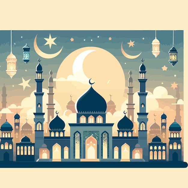 a painting of a mosque with a moon and a moon in the background