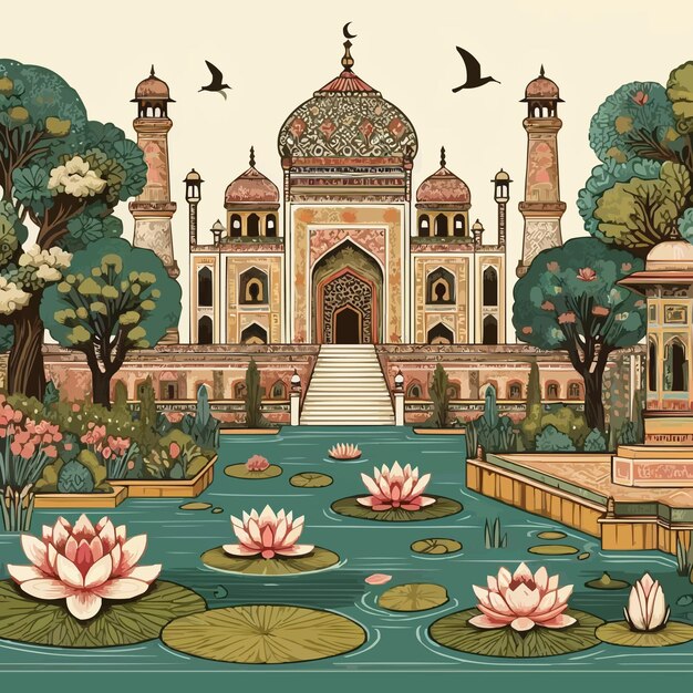 Vector a painting of a mosque with a pond and flowers
